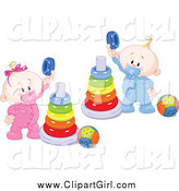 Clip Art of a White Twin Baby Boy and Girl Playing with Ring Pyramids by Pushkin