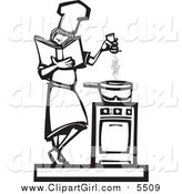 Clip Art of a Woodcut Styled Baker Girl Seasoning Food by Xunantunich
