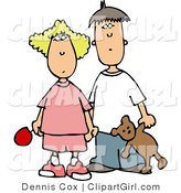 Clip Art of a Worried Brother and Sister Holding Hands, Looking Forward by Djart