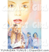 Clip Art of a Young Woman's Face Behind Her Family - a Man and Two Children by YUHAIZAN YUNUS