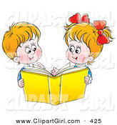 Clip Art of AHappy Twin Brother and Sister Reading a Yellow Book Together by Alex Bannykh