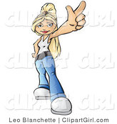 Clip Art of an Attractive Blonde Teenage Girl in a White Tank Top and Blue Jeans, with One Hand on Her Hip and Using the Other Hand to Flash a Peace Sign Gesture by Leo Blanchette