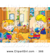 Clip Art of an Orange Cat Playing with a Boy in a Girl in Their Room by Alex Bannykh