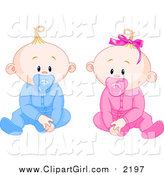 Clip Art of Caucasian Boy and Girl Baby Twins with Pacifiers, Sitting up and Facing Front by Pushkin