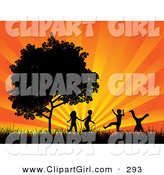 Clip Art of Four Black Silhouetted Children Running, Holding Hands and Doing Somersaults in a Field near a Tree, Against a Bursting Orange Sunset by KJ Pargeter
