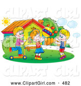 Clip Art of Smiling Children Tossing a Ball and Riding a Scooter Outside on a Sunny Day by Alex Bannykh