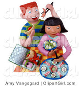 Clip Art of Two 3d Kids Eating Sushi for Lunch by