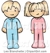 Clip Art of Two Cute Blond Twins, a Little Boy and a Little Girl, Atanding in Their Pajamas with Their Arms at Their Sides by Leo Blanchette