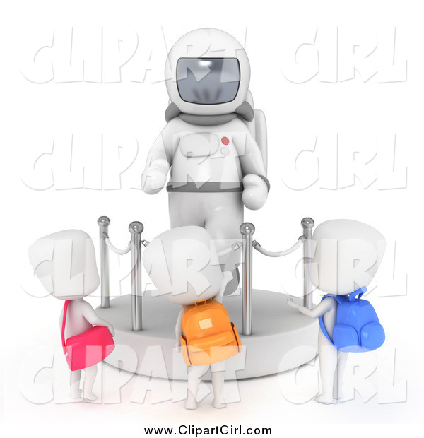 Clip Art of 3d School Kids Checking out an Astronaut Space Suit Display at a Museum