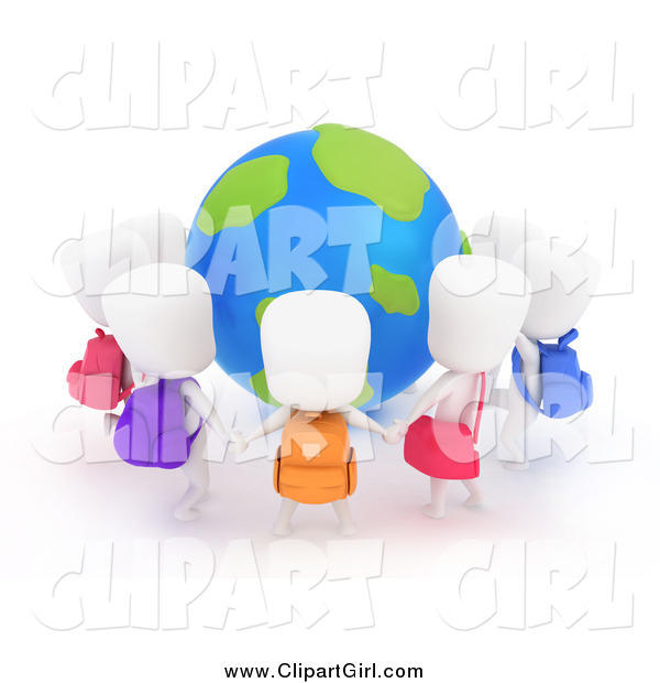 Clip Art of 3d White School Children Holding Hands Around a Globe