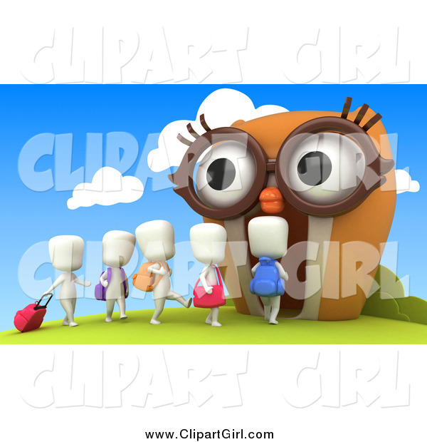 Clip Art of 3d White Students Walking into an Owl School