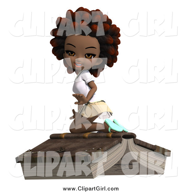 Clip Art of a 3d Black School Girl with an Afro, Kneeling on a Giant Book