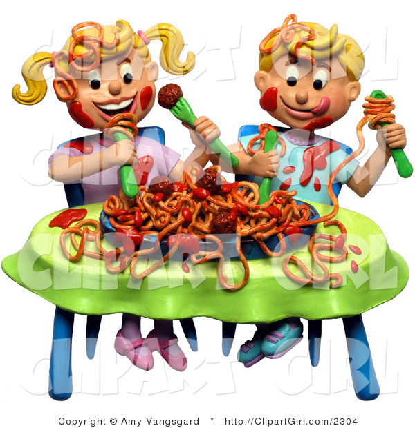 Clip Art of a 3d Boy and Girl Twins Making a Mess During a Spaghetti Dinner