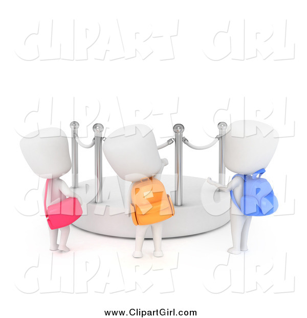 Clip Art of a 3d Curious White School Kids Checking out a Blank Display at a Museum