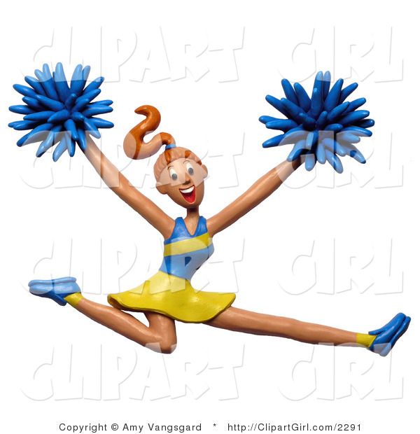 Clip Art of a 3d Energetic Leaping Cheerleader, Cheering for Her Team