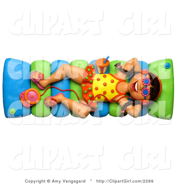 Clip Art of a 3d Girl Listening to an Mp3 Player and Floating in a Pool on a Raft