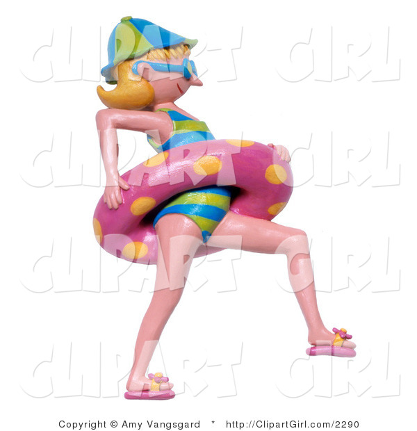 Clip Art of a 3d Swimming Woman in a Bathing Suit and Pink Inner Tube