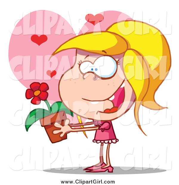 Clip Art of a Amorous Blond Girl Giving a Daisy Plant