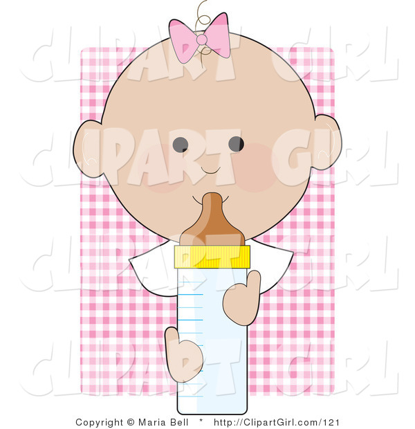 Clip Art of a Baby Girl with a Pink Bow on the Top of Her Head, Holding a Baby Bottle on a Pink Background