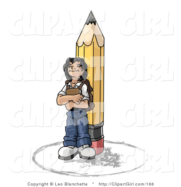 Clip Art of a Back to School Girl Elementary School Student Standing by a Giant No 2 Pencil, Wearing a Backpack and Holding a Book Clipart Illustration