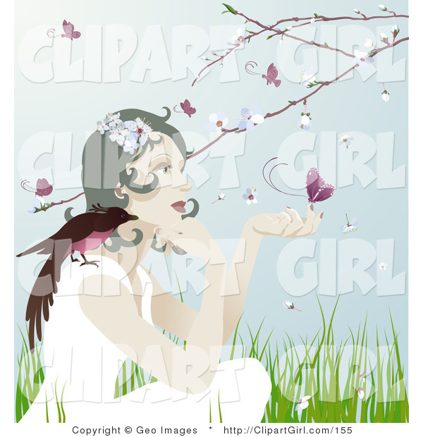 Clip Art of a Beautiful Gentle Woman with a Bird on Her Shoulder and a Butterfly on Her Hand, Sitting Outdoors in Spring Time