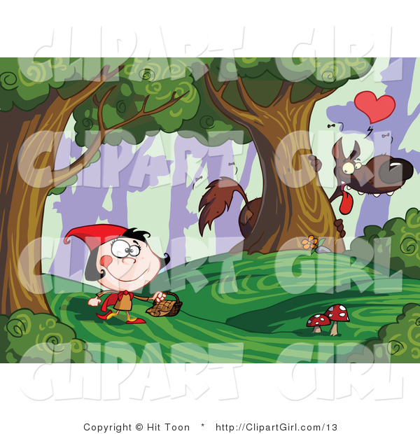 Clip Art of a Big Bad Wolf Watching Little Red Riding Hood Walking Along from Behind a Tree in a Forest