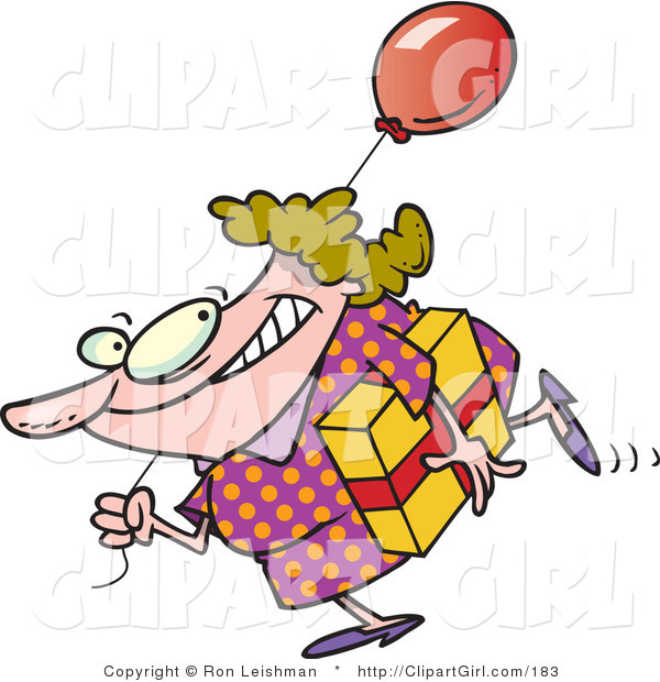 Clip Art of a Birthday Girl in a Polka Dot Dress, Carrying a Present and a Red Balloon