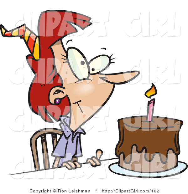 Clip Art of a Birthday Woman with Candle on a Chocolate Birthday Cake