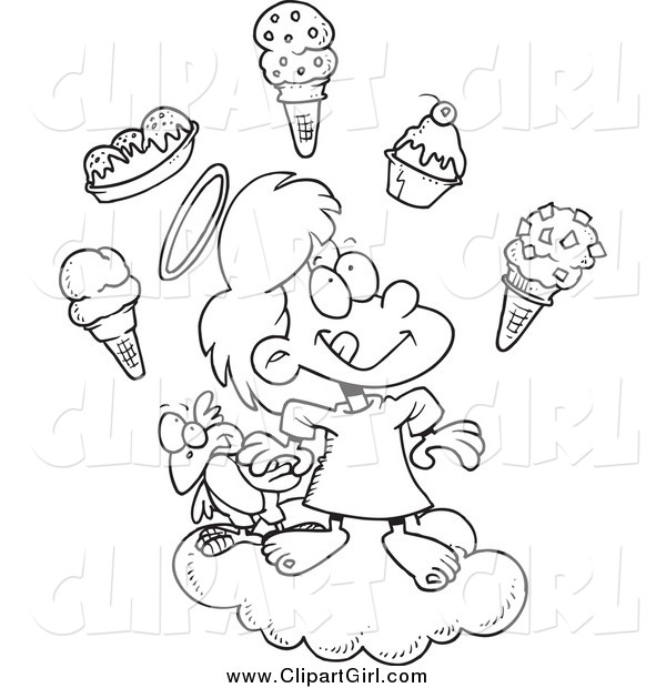 Clip Art of a Black and White Angel Girl in Heaven with Ice Cream