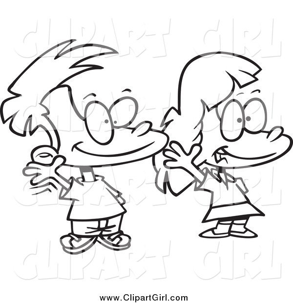 Clip Art of a Black and White Boy and Girl Smiling and Waving