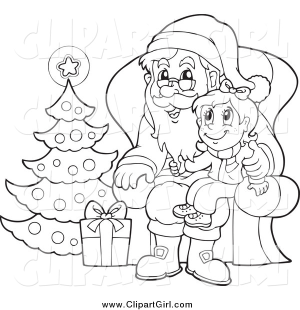 Clip Art of a Black and White Christmas Girl Sitting on Santas Lap