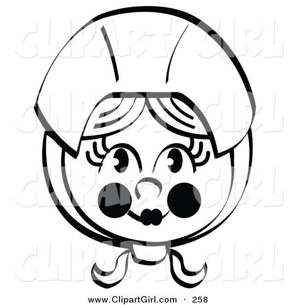 Clip Art of a Black and White Coloring Page of a Pretty Female Pilgrim with Flushed Cheeks, Wearing a Bonnet over Her Hair