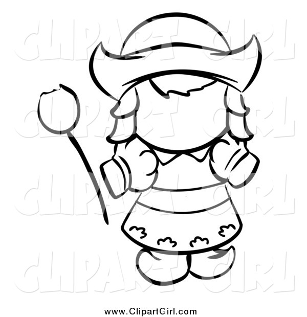 Clip Art of a Black and White Dutch Girl with a Tulip