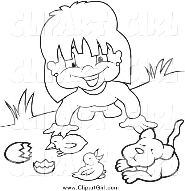 Clip Art of a Black and White Happy Girl Playing with Animals