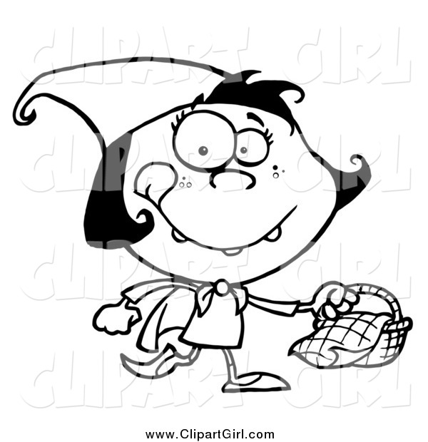 Clip Art of a Black and White Happy Little Red Riding Hood