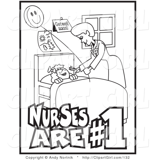 Clip Art of a Black and White Outline of a Friendly Female Nurse