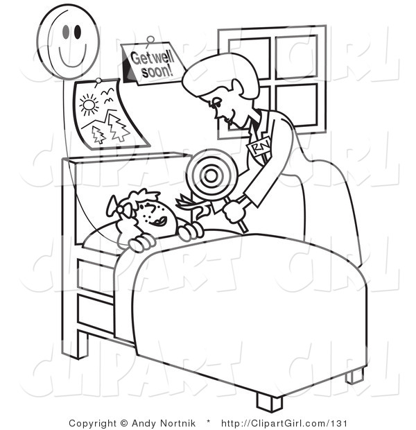 Clip Art of a Black and White Outline of a Friendly Registered Nurse Bending over a Sick Girl in a Hospital Bed, Handing Her a Balloon