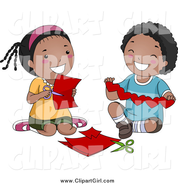 Clip Art of a Black Boy and Girl Cutting Paper Hearts