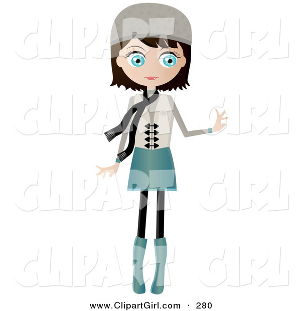 Clip Art of a Black Haired, Blue Eyed White Woman Dressed in Blue and Beige, Wearing a Hat and Scarf, Standing and Holding One Arm out
