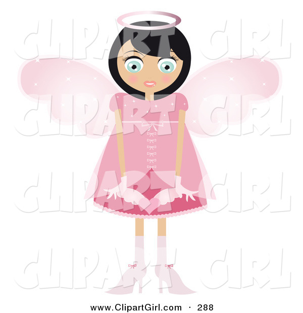 Clip Art of a Black Haired Caucasian Fairy Woman in a Pink Dress and Heels, with Big Pink Wings and a Halo, Holding a Winged Heart in Front of Her