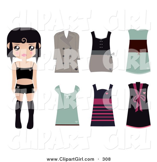 Clip Art of a Black Haired Caucasian Female Paper Doll Wearing Black Undergarments, with a Brown Coat and Dress and Green, Pink and Black Dresses