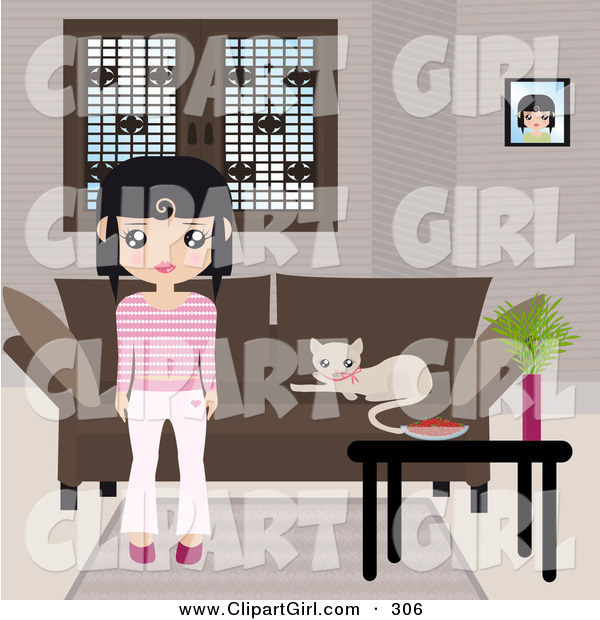 Clip Art of a Black Haired Girl Dressed in Pink and White Stripes, Standing in Front of a Brown Couch with a Kitty Resting on the Cushions and a Table with a Bowl and Plant