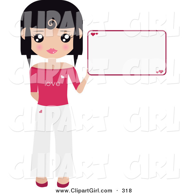 Clip Art of a Black Haired Girl Dressed in White and Pink, Holding up a Blank Sign with Hearts on It