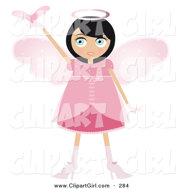 Clip Art of a Black Haired Tan Fairy Woman in a Pink Dress and Heels, with Big Pink Wings and a Halo, Holding a Winged Heart up