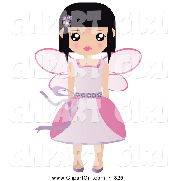 Clip Art of a Black Haired White Fairy Princess in a Pink Dress and Wings
