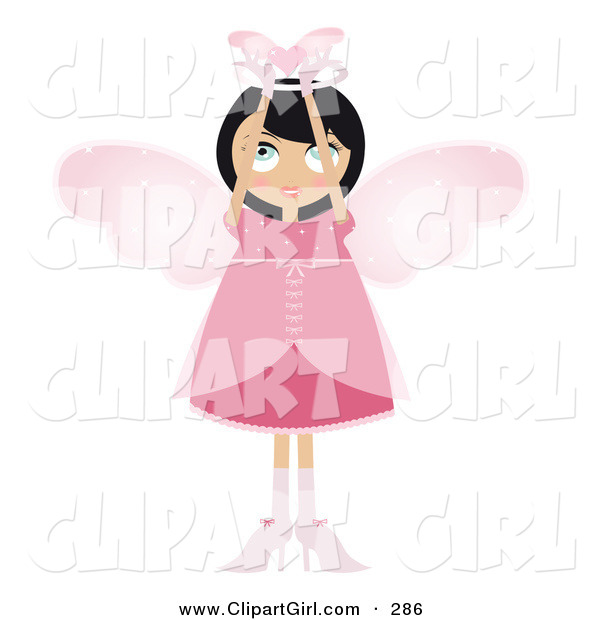 Clip Art of a Black Haired White Fairy Woman in a Pink Dress and Heels, with Big Pink Wings and a Halo, Holding a Winged Heart Above Her Head