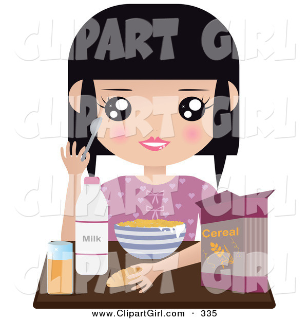 Clip Art of a Black Haired White Girl Seated at a Table with Milk, Juice, Bread and a Bowl of Cereal
