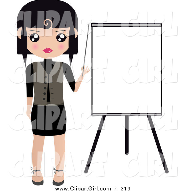 Clip Art of a Black Haired White Woman Pointing to a Blank Easel Board During a Presentation