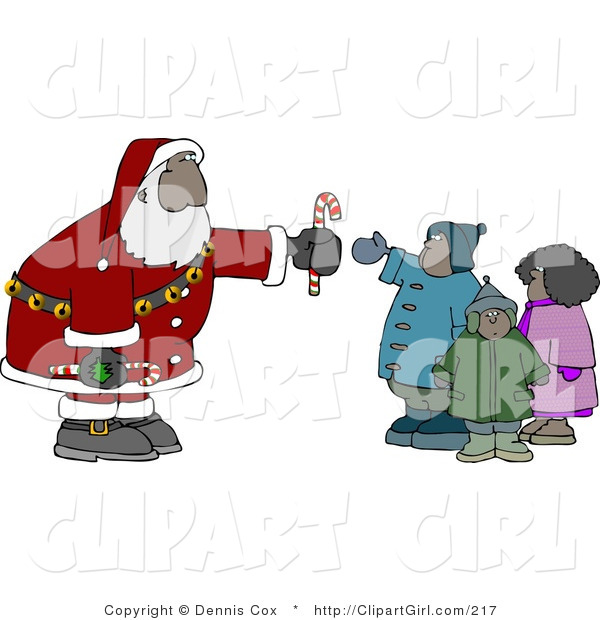 Clip Art of a Black Santa Claus Handing out Candy Canes to a Group of Kids