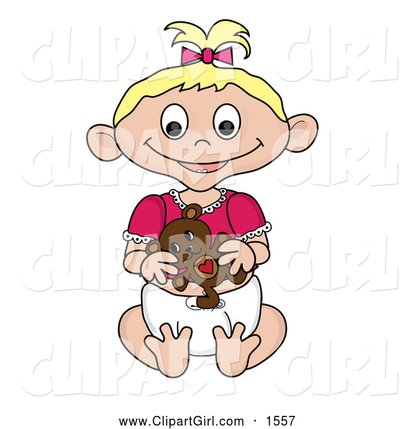 Clip Art of a Blond Caucasian Baby Girl with a Teddy Bear